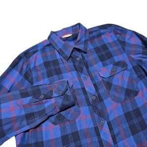 Duluth Trading Co Flannel Shirt Women 1X Blue Plaid Long Sleeve Button Down